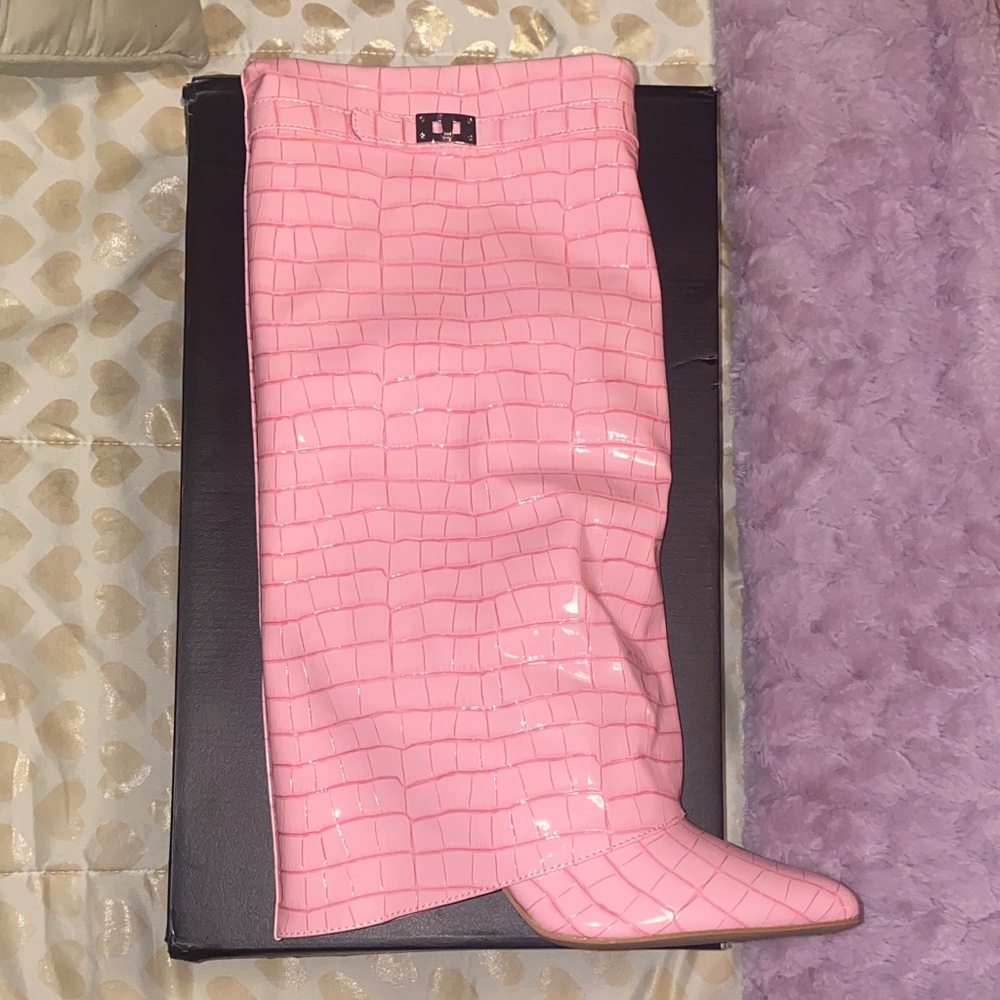Pink Croc-Embossed Knee-High Shark Boots